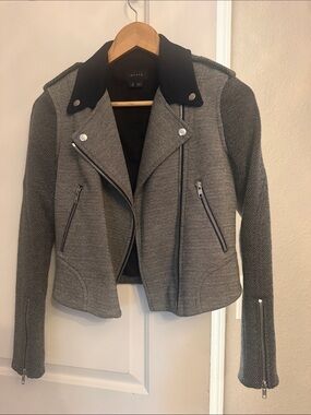 Theory Grey Knit Moto Jacket with Black Collar Accents